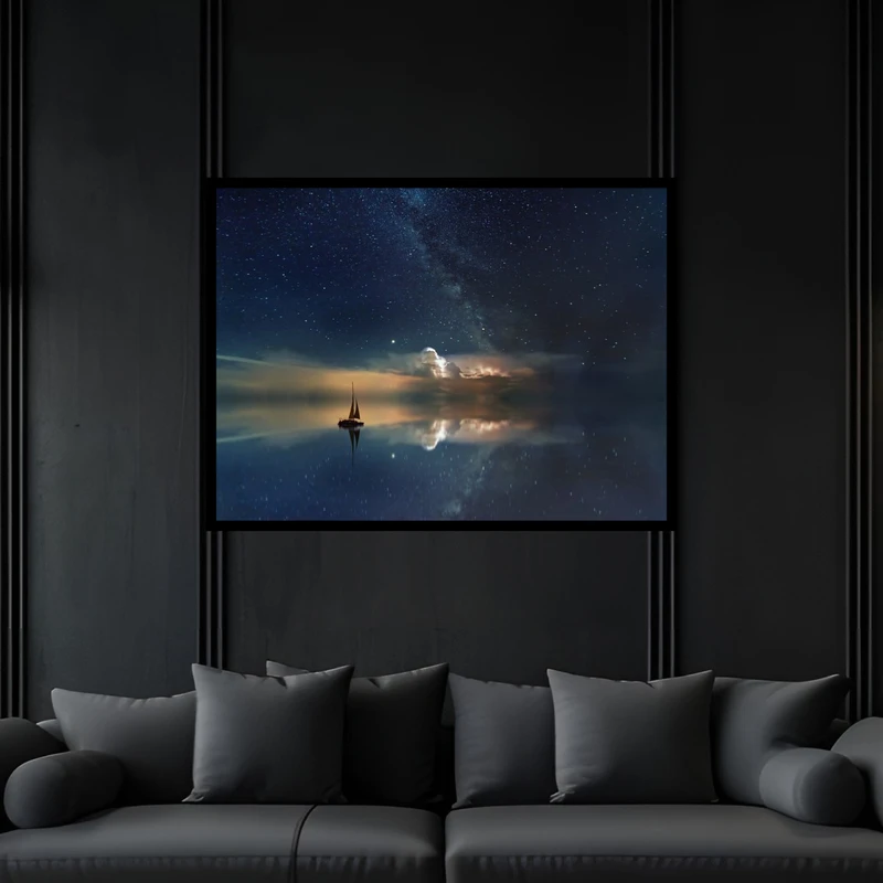 تابلو بکلیت طرح دکوری فانتزی تخیلی فضا و کهکشان و کشتی و قایق  مدل B-bu6577 فریم مشکی