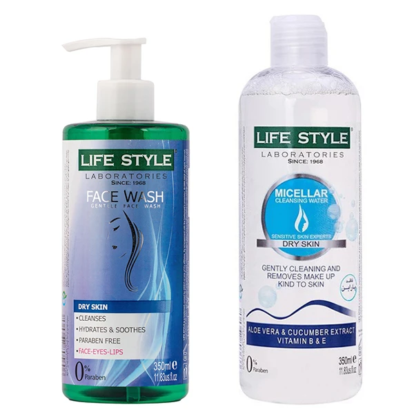 ژل شستشو صورت لایف استایل مدل خیار و آلوئه ورا حجم 350 میلی لیتر به همراه محلول پاک کننده آرایش صورت لایف استایل مدل آلوئه ورا و خیار حجم 350 میلی لیتر