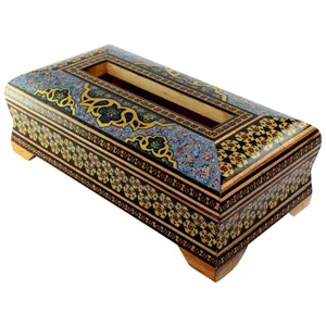 جعبه دستمال کاغذی خاتم کاری کروبی طرح اسلیمی کد 004