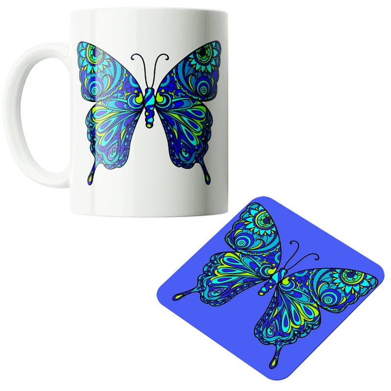 ماگ پاد آفرین مدل پروانه کد PZ147 به همراه زیرلیوانی