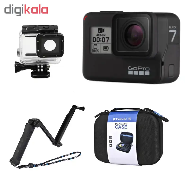 دوربین فیلم برداری ورزشی گوپرو مدل HERO7 Black Quick Stories به همراه قاب ضدآب لمسی و مونوپاد 3Way و کیف پلوز