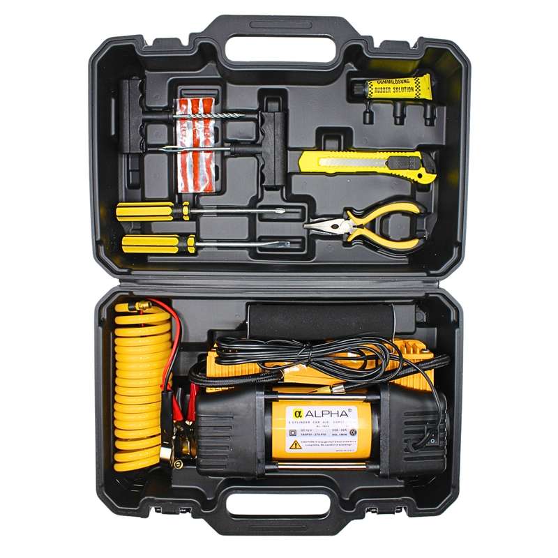 کمپرسور هوا فندکی دوسیلندر حرفه ای 1600 وات آلفا مدل AL-1600 مجموعه 10عددی