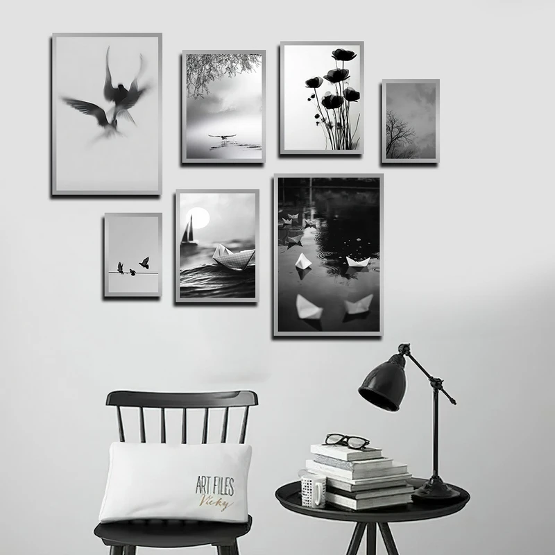 تابلو بکلیت طرح طبیعت دریا و قایق کاغذی و پرنده مدل SI-4035 فریم نقره ای مجموعه 7 عددی