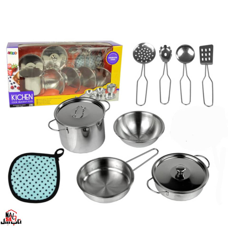 ست اسباب بازی آشپزخانه ناب سل مدل ظروف استیل مدل مجموعه 11 عددی