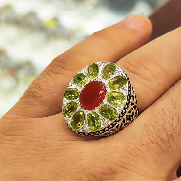 انگشتر نقره مردانه مدل 13جواهر سنگ عقیق و زبرجد کد 32