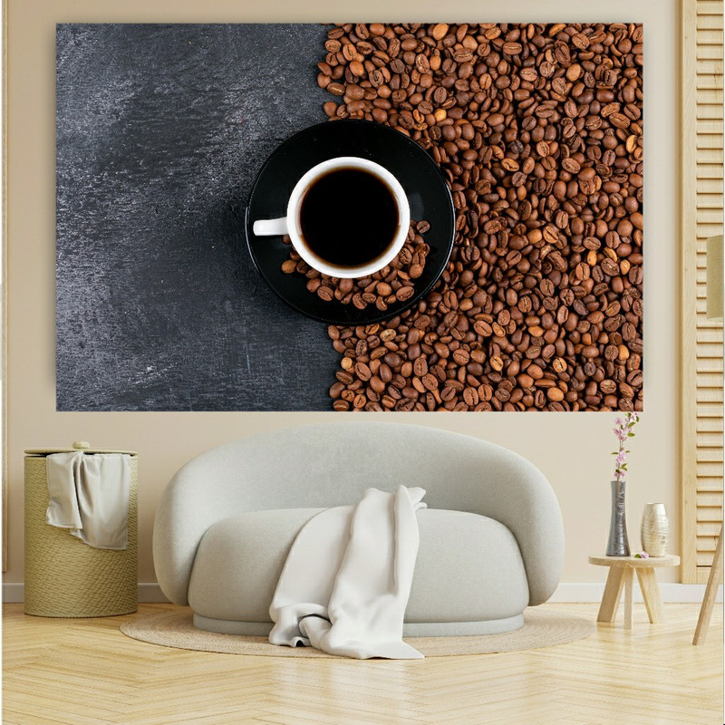 تابلو بوم مدل چرم مخمل طرح دانه قهوه و فنجان کد SDM1441