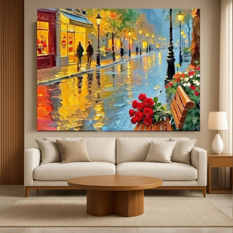 پوستر پارچه ای طرح مخمل  نقاشی مدل خیابان بارانی کد FP106928