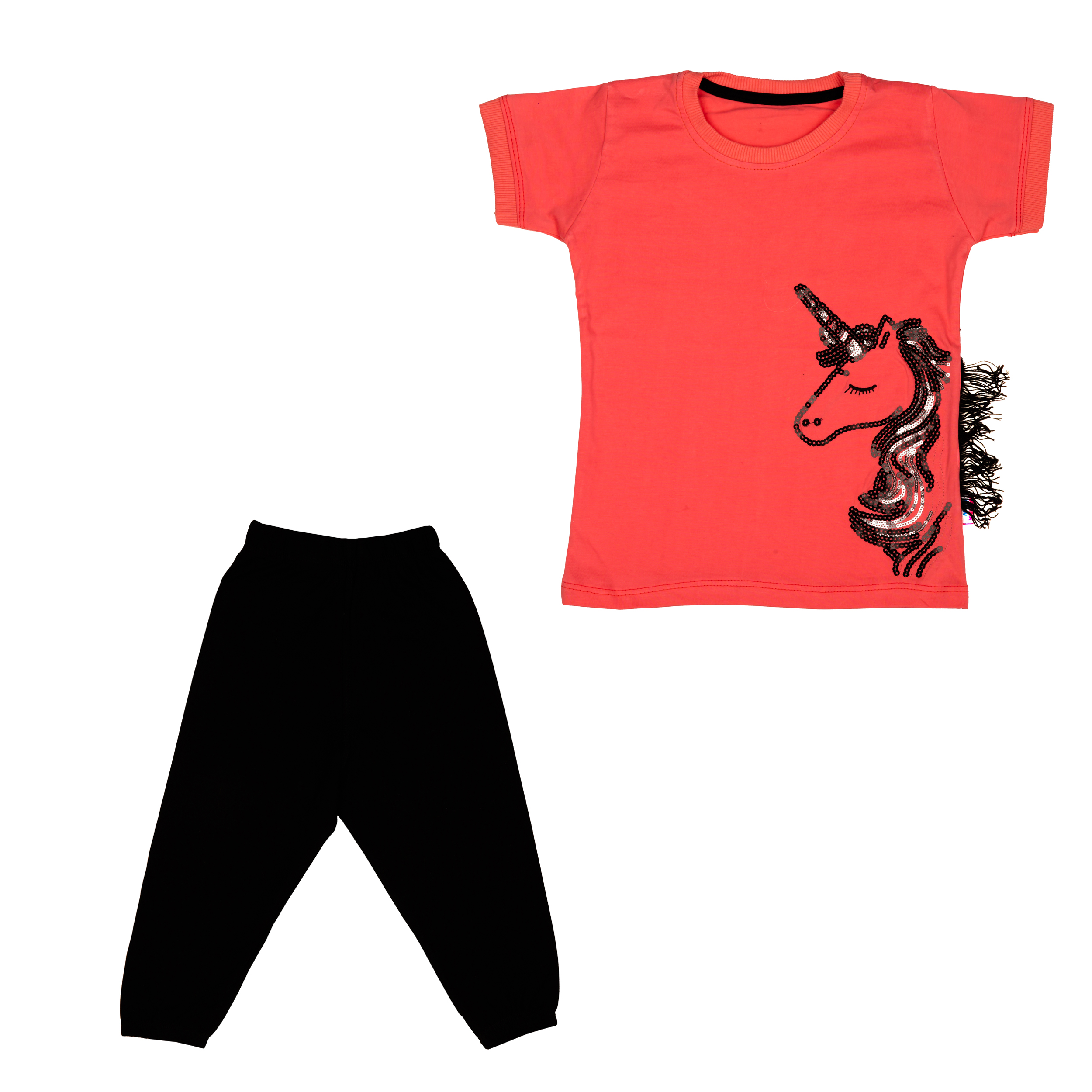 ست تی شرت و شلوارک دخترانه مدل یونیکورن رنگ قرمز