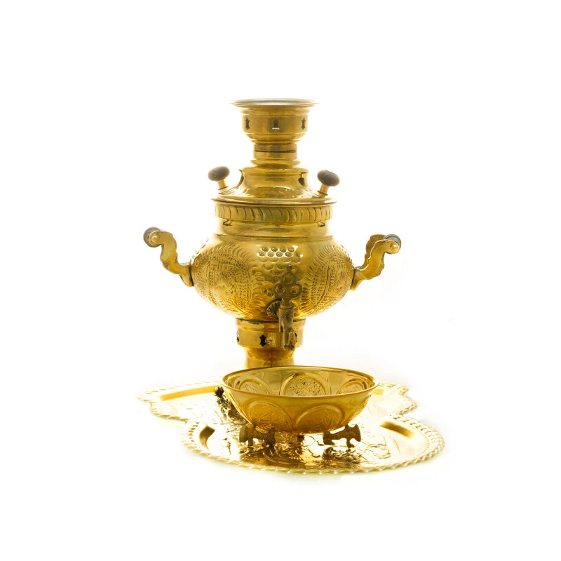 سرویس سماور ذغالی 3 پارچه برنجی مدل عدسی کد H-1253