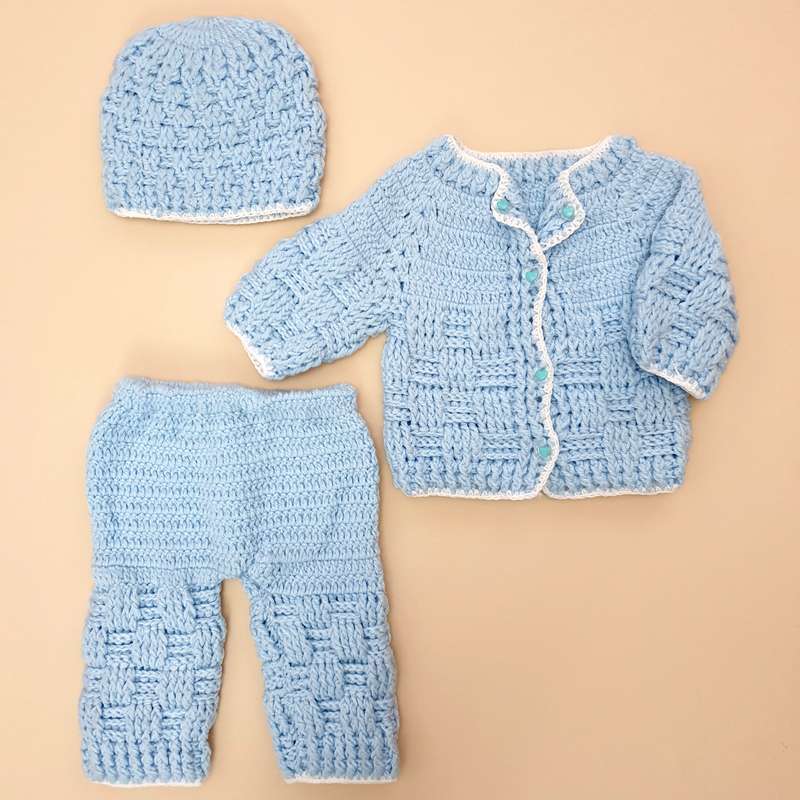 ست 3 تکه لباس بافت نوزادی مدل شطرنجی کد ZJ01BL