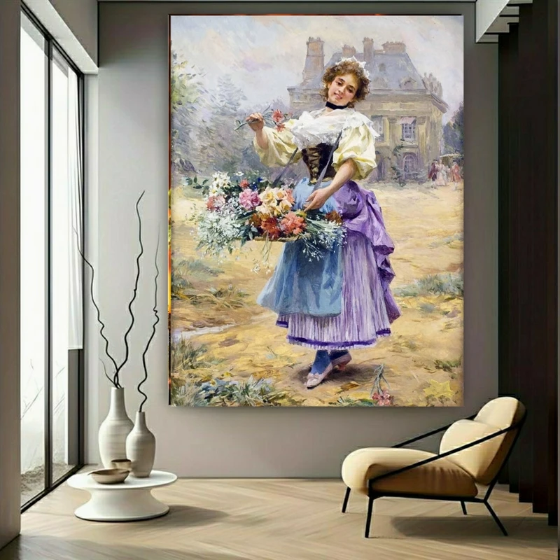  پوستر پارچه ایی طرح نقاشی دختر گلفروش مدل روستایی کد N191