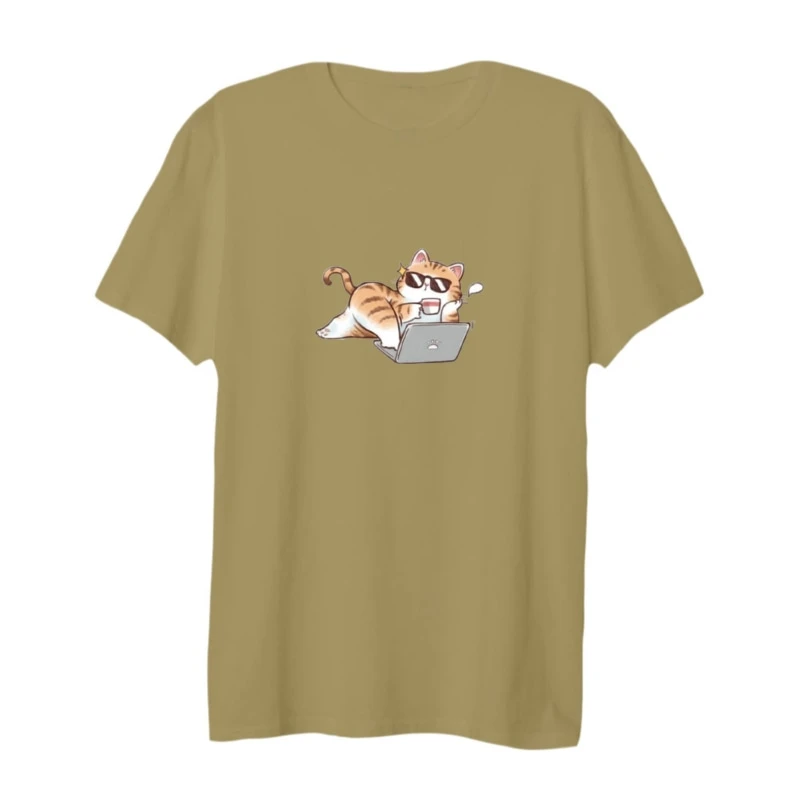 تی شرت لانگ آستین کوتاه زنانه مدل گربه و لپ تاپ