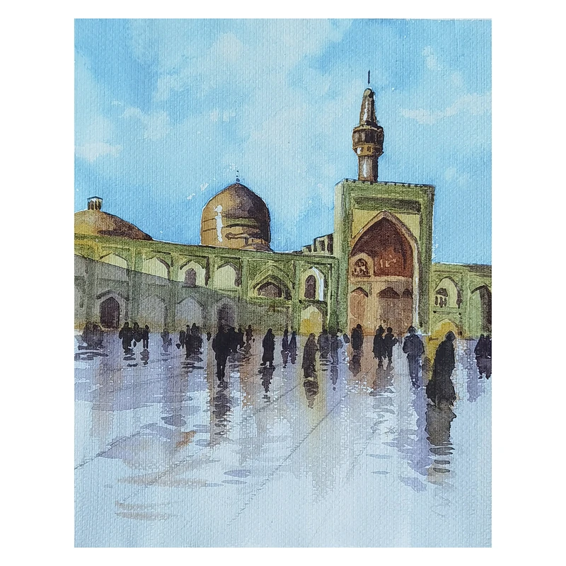 نقاشی آبرنگ مدل حرم و گلدسته امام رضا علیه السلام کد 1001