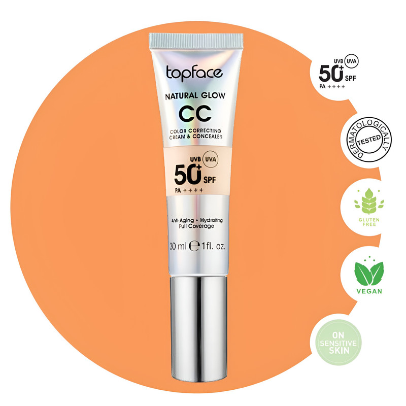 کرم پودر CC مایع +SPF50 تاپ فیس مدل NATURAL GLOW شماره 002 مناسب برای انواع پوست حجم 30 میلی لیتر