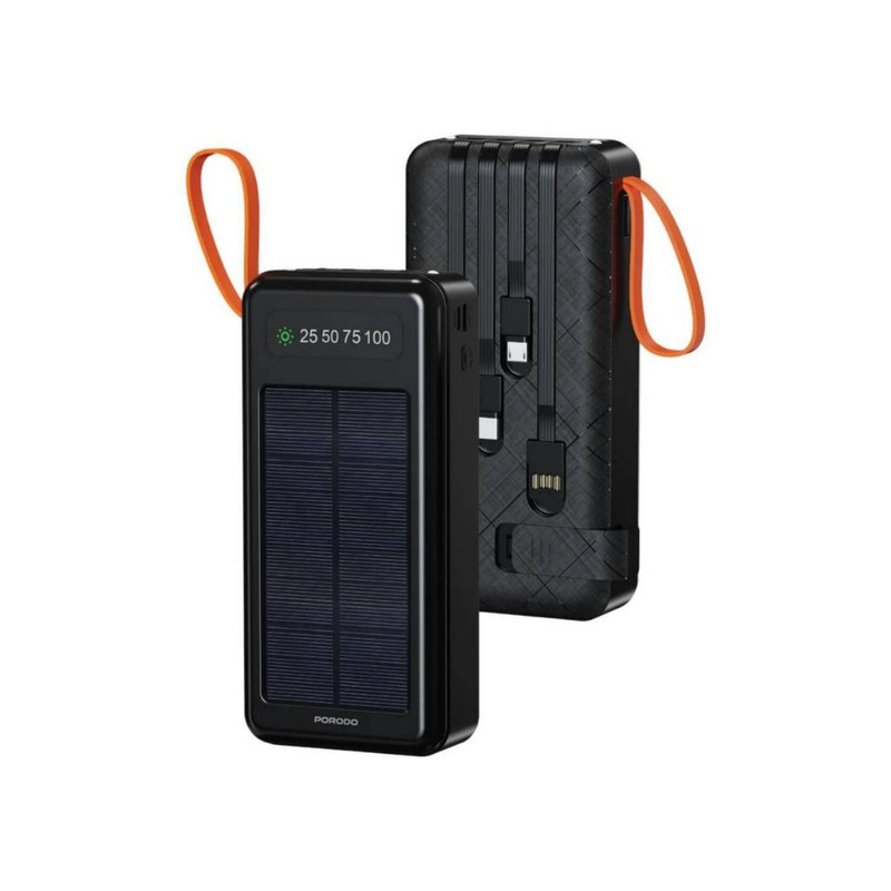 پاوربانک 10.5 وات پرودو مدل PIANO SOLAR PDPBB307BK ظرفیت 20000 میلی‌آمپرساعت به همراه کابل USB-C، USB-A، لایتنینگ و MicroUSB
