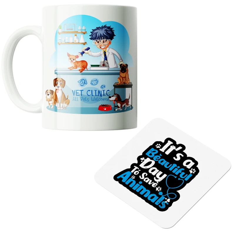 ماگ پاد آفرین مدل دامپزشک پت شاپ حامی حیوانات کد PZ507 به همراه زیرلیوانی