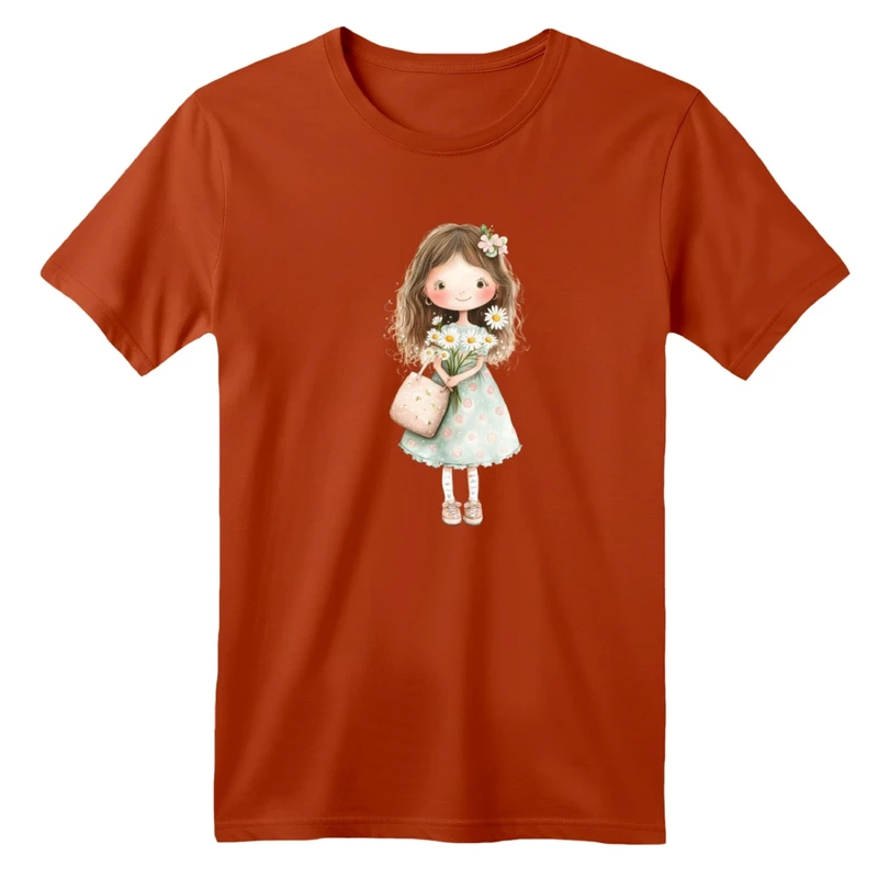 تی شرت آستین کوتاه بچگانه مدل دخترک فرشته کد 12 رنگ آجری