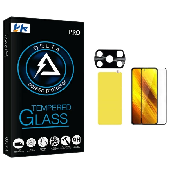 محافظ صفحه نمایش پی کی مدل Delta Glass مناسب برای گوشی موبایل شیائومی Poco X3 به همراه برچسب پوششی و محافظ لنز دوربین