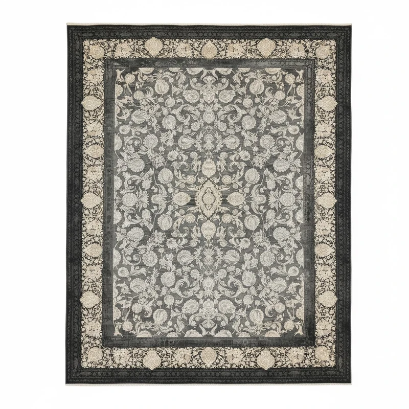 فرش ماشینی 1200 شانه زمینه دودی لایت حاشیه طوسی مدل وینتیج پینترستی