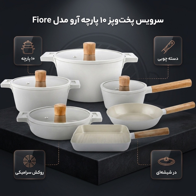 سرویس قابلمه و تابه چدن، سرامیکی 10 پارچه آرو مدل Fiore