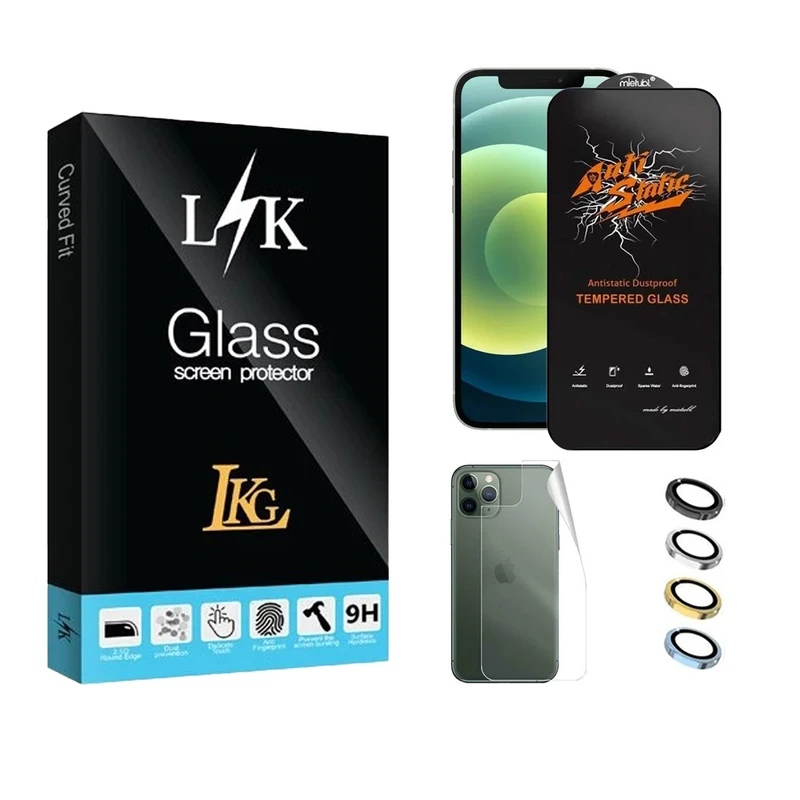 محافظ صفحه نمایش ال کا جی مدل انتی استاتیک مناسب برای گوشی موبایل اپل iPhone 12 Pro به همراه محافظ پشت گوشی و محافظ لنز
