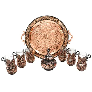 سرویس 8 پارچه چای خوری مسی مدل الماس تراش کد RoundTray