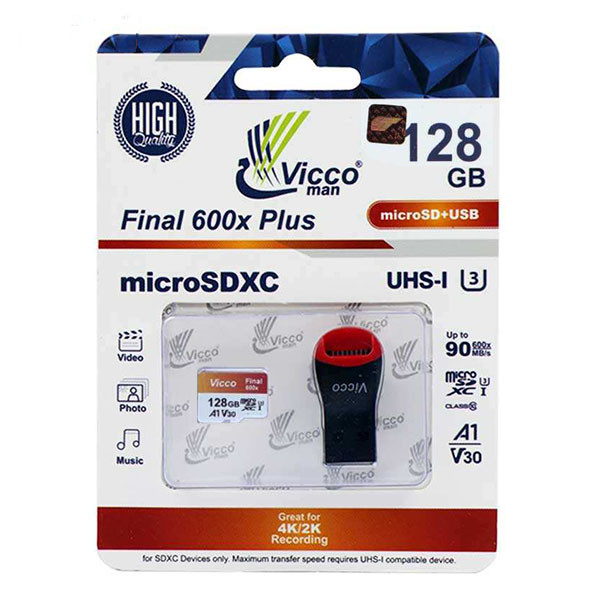 کارت حافظه micro SDXC ویکومن مدل 600X Plus کلاس 10 استاندارد UHS-I U3 سرعت 90MBs ظرفیت 128گیگابایت به همراه کارت خوان