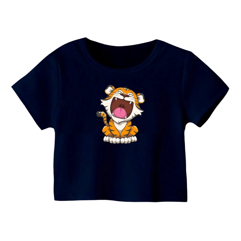 کراپ‌ تی‌شرت آستین کوتاه زنانه مدل ببر کد 5 رنگ سورمه ای