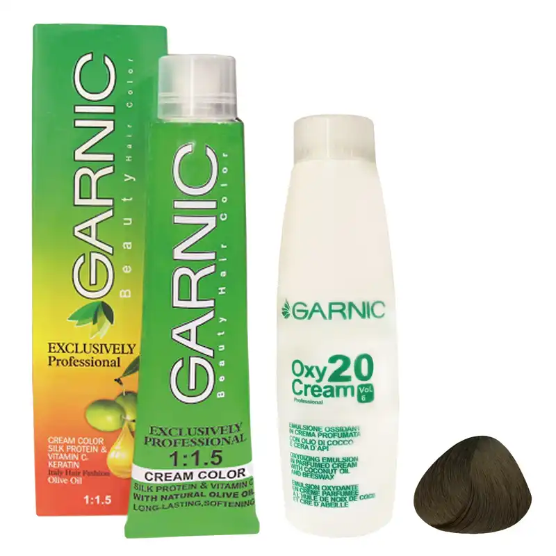 رنگ مو گارنیک شماره 5.3 حجم 120 میلی لیتر رنگ قهوه ای زیتونی روشن به همراه اکسیدان گارنیک مدل 20vol شش درصدی حجم 180 میلی لیتر