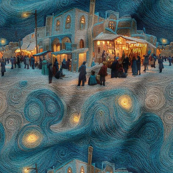 پارچه ملحفه عرض 1.5 متر پارچه باما طرح سه بعدی نقاشی هنری ون گوگ کد 5015280 رنگ سرمه‌ای