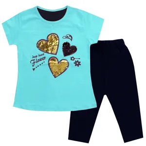 ست تی شرت و شلوارک دخترانه مدل قلب پولکی رنگ آبی
