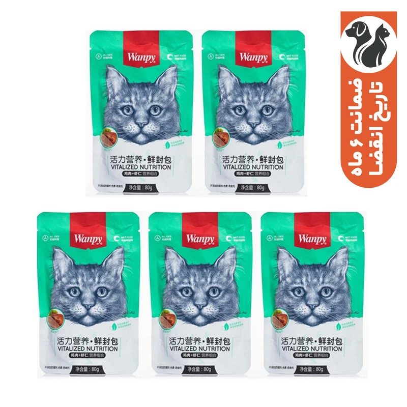 پوچ گربه ونپی مدل مرغ و میگو وزن 400 گرم بسته 5 عددی 
