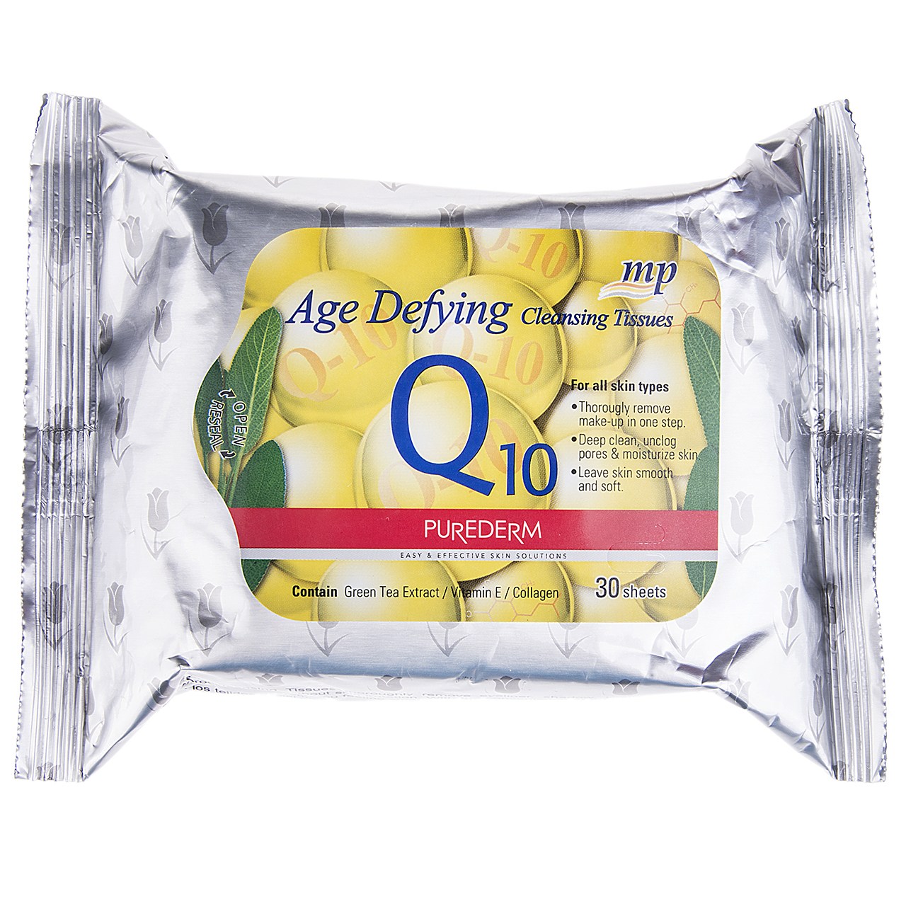 دستمال مرطوب پاک کننده آرایش پیوردرم مدل Age Defying Q10 - بسته 30 عددی