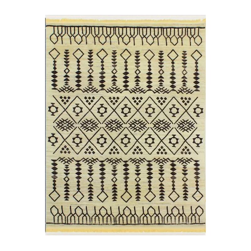 فرش ماشینی 1000 شانه زمینه کرم - قهوه‌ای حاشیه خردلی هانوکس مدل مراکشی کد MHX.005.5