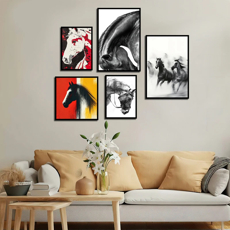 تابلو بکلیت طرح دکوراتیو نقاشی اسب مدل B-3342 فریم مشکی مجموعه 5 عددی