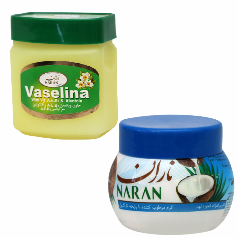 وازلین ناران کد 003 حجم 125میلی لیتر به همراه کرم مرطوب کننده ناران مدل نارگیل حجم 180 میلی لیتر