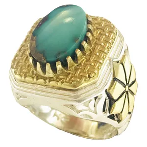 انگشتر نقره مردانه مدل سر برنجی قلمزنی مزین به فیروزه نیشابوری