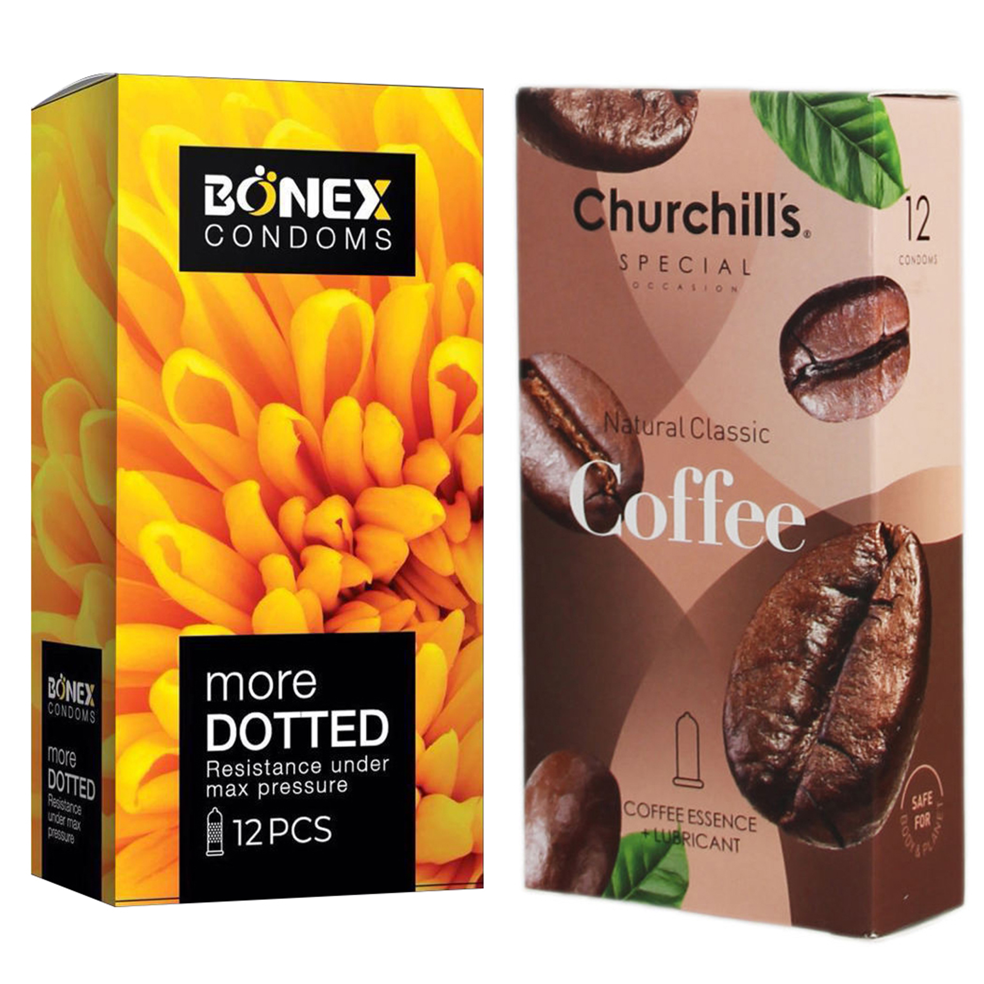 کاندوم چرچیلز مدل Coffee بسته 12 عددی به همراه کاندوم بونکس مدل More Dotted بسته 12 عددی 