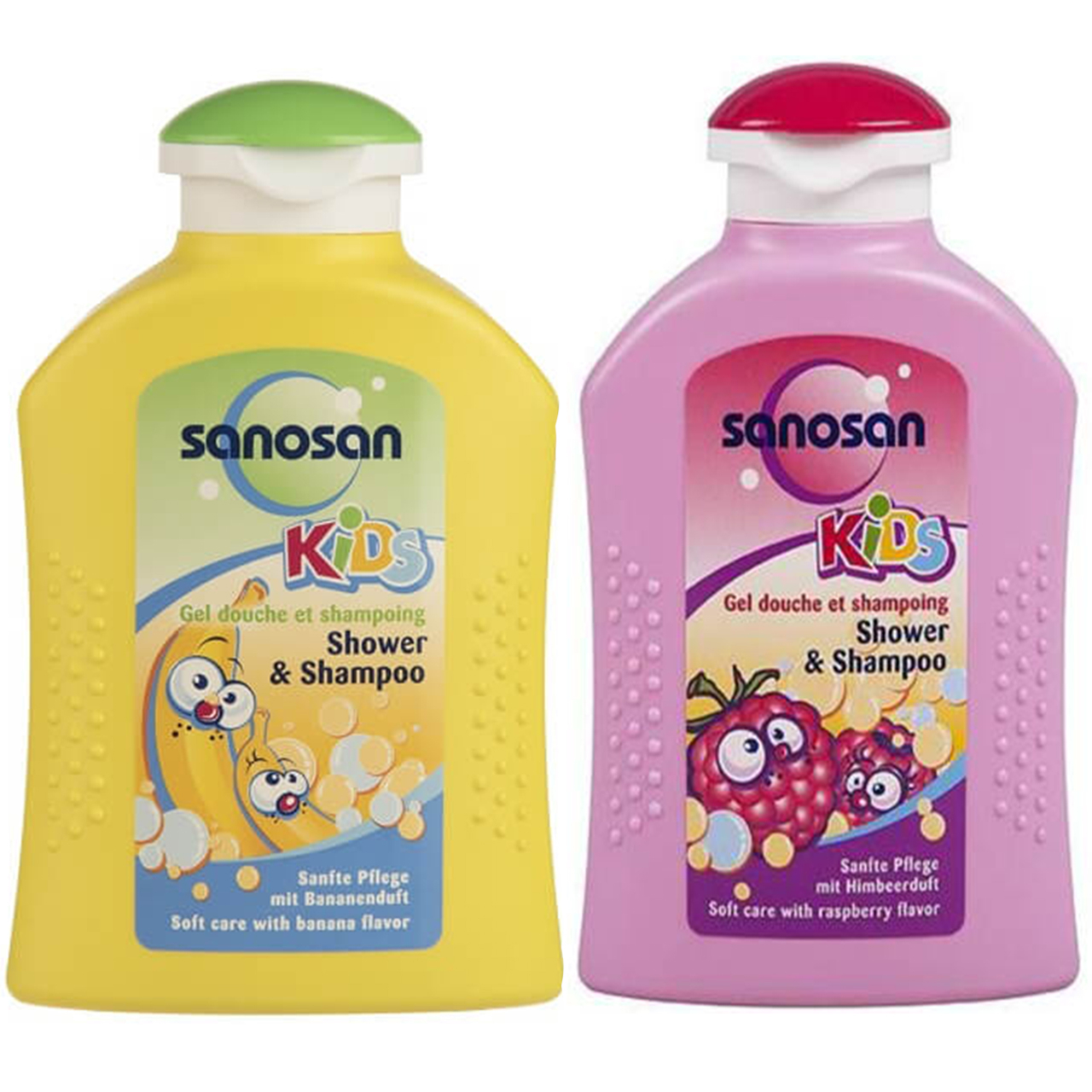 شامپو سر و بدن بچه سانوسان مدل Raspberry حجم 200 میلی لیتر به همراه شامپو سر و بدن بچه سانوسان مدل Kids Banana حجم 200 میلی لیتر