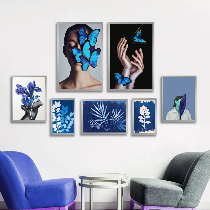 تابلو ساده بکلیت طرح مدرن چهره و پروانه مدل شاین اکلیلی SI-2633 فریم نقره ای مجموعه 7 عددی