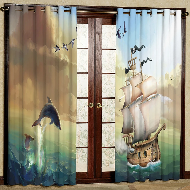 پرده مدل کشتی و دلفین مخمل پانچی کد 2529 سایز 200x140 سانتی متر