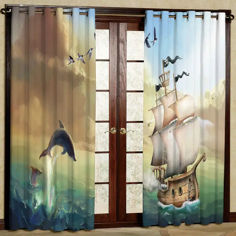 پرده مدل کشتی و دلفین مخمل پانچی کد 2529 سایز 200x140 سانتی متر