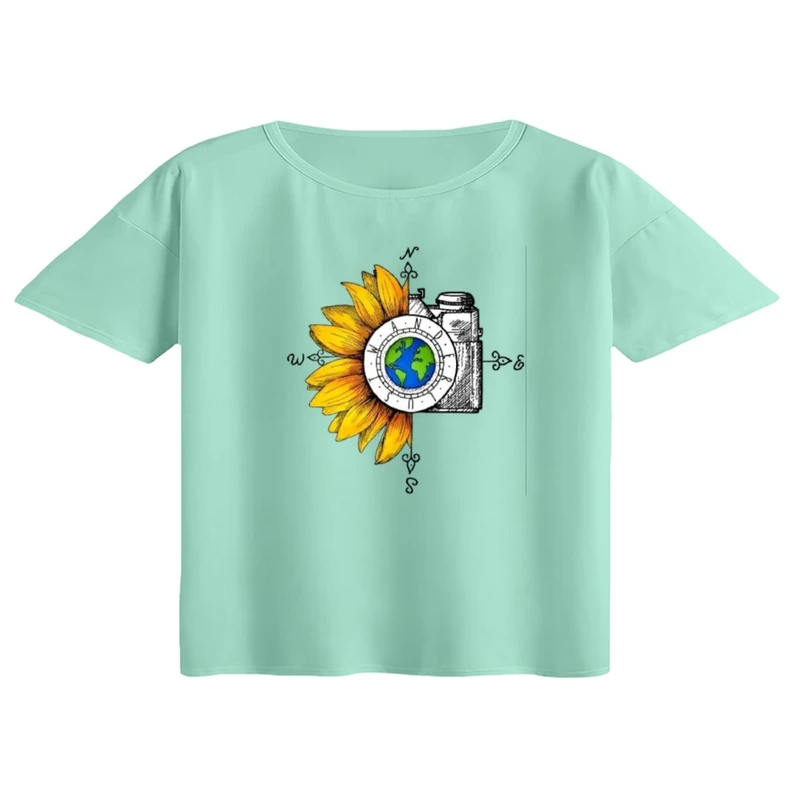 کراپ تی‌شرت آستین کوتاه زنانه مدل دوربین و آفتابگردان