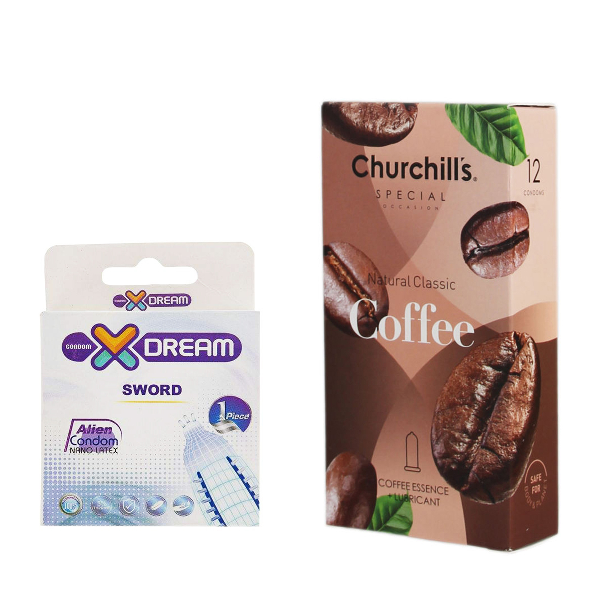 کاندوم چرچیلز مدل Coffee بسته 12 عددی به همراه کاندوم ایکس دریم مدل Sword