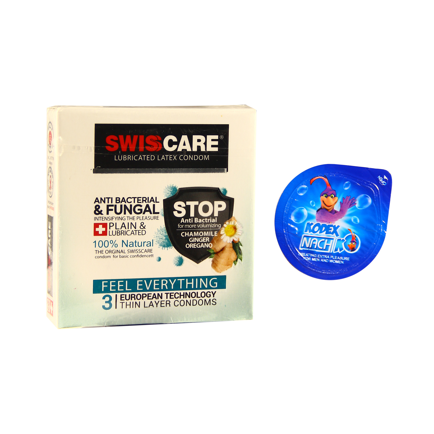 کاندوم سوئیس کر مدل ANTI BACTERIAL بسته 3 عددی به همراه کاندوم ناچ کدکس مدل بلیسر