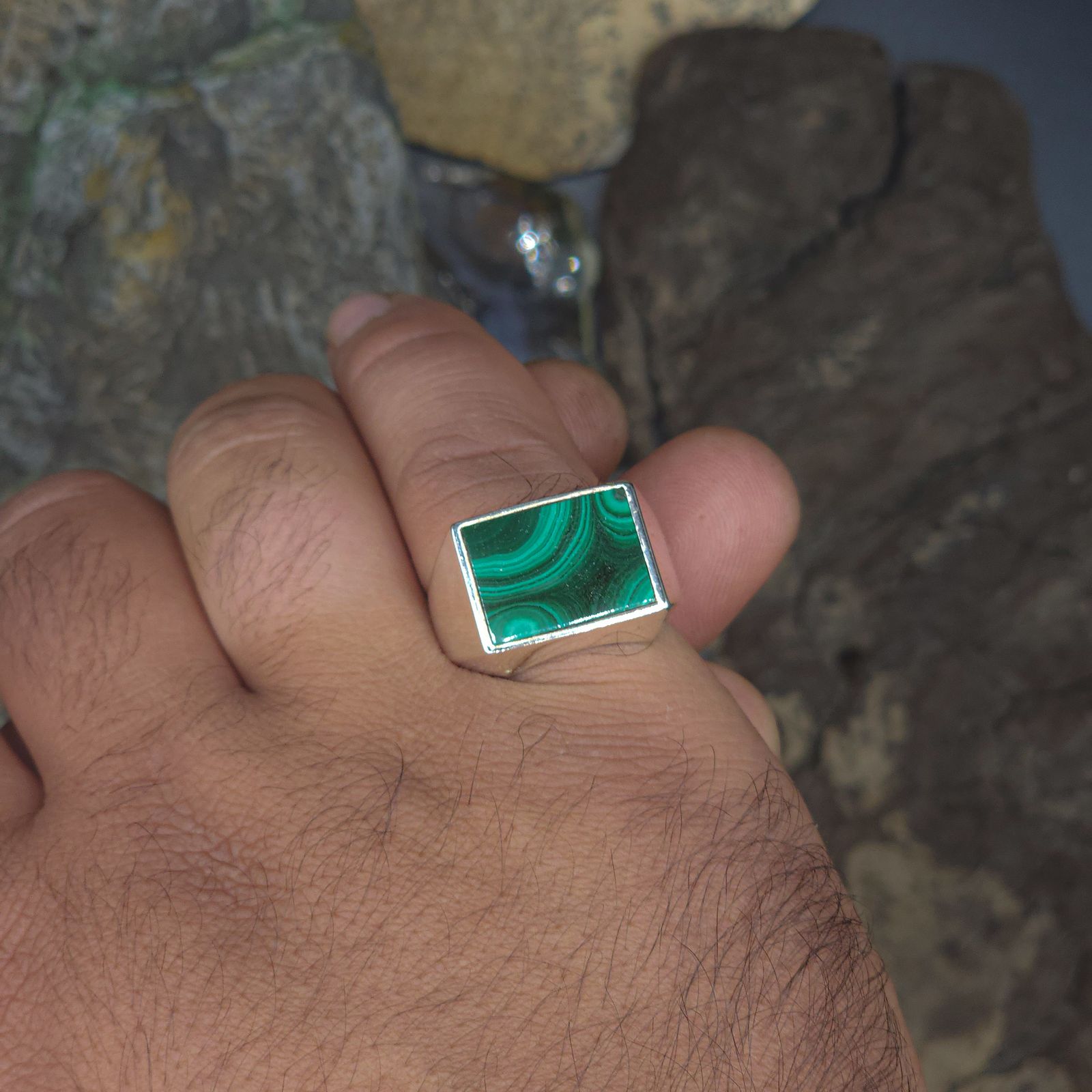انگشتر نقره مردانه دلی جم مدل مستطیل افقی نگین مالاکیت طبیعی - - 10