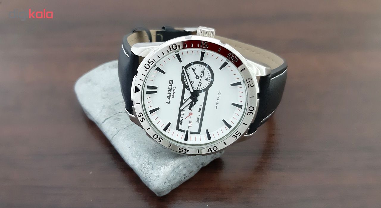 ساعت مچی عقربه ای مردانه لاروس مدل0916-79943-s به همراه دستمال مخصوص برند کلین واچ
