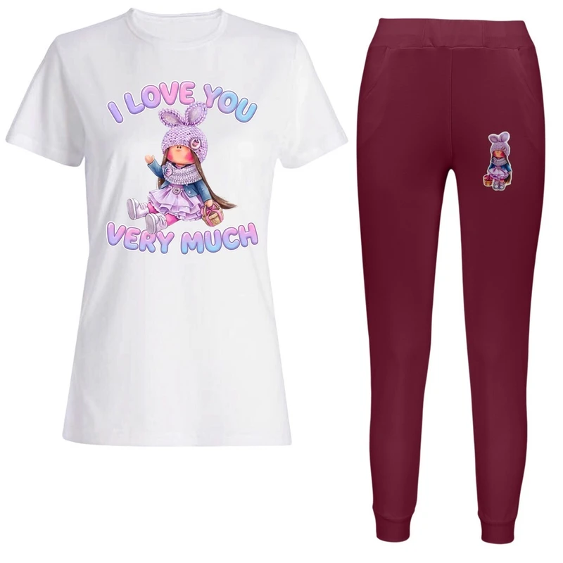 ست تی‌شرت آستین کوتاه و شلوار راحتی زنانه مدل عروسک i love you