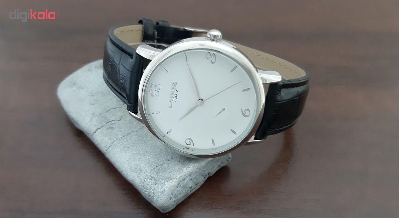 ساعت مچی عقربه ای مردانه لاروس مدل0517-79997-s به همراه دستمال مخصوص برند کلین واچ