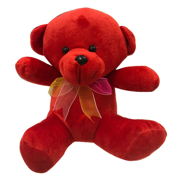 عروسک خرس قرمز پاپیون دار نشسته مدل LOVE ارتفاع 21 سانتی متر